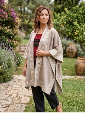 Hand Crafted Taupe and Cream Geometric Knit cape